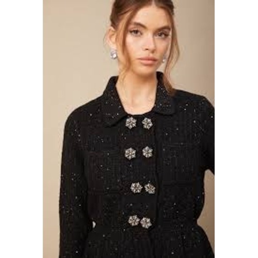 Self Portrait‎ Black Glitter Tweed Cropped Jacket Embellished Buttons